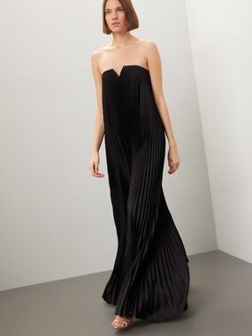 L’idee Black Tie Black Pleated Plisse Strapless Maxi Gown - US 10 - Asymmetric